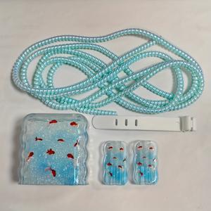 TEMU 5개 세트 파도 모양 블루 그라데이션 금붕어 패턴 아이폰 16 프로 맥스 충전기 보호 커버, 케이블 보호대, 아이폰 15/14/13/12/11 고속 충전 헤드 방지 랩, 18/20W 빠른 충전 방지 보호대, 남자친구/ 선물용