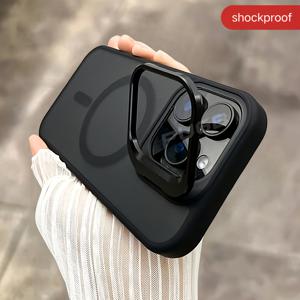 TEMU 럭셔리 투명 매트 아크릴 자석 스탠드 폰 케이스, for iphone 16, 15, 14, 13, 12, 11 Pro Max Plus와 호환, 자석 무선 충전, 피부와 같은 느낌, 금속 렌즈 스탠드, 충격 방지 보호 기능을 제공합니다.