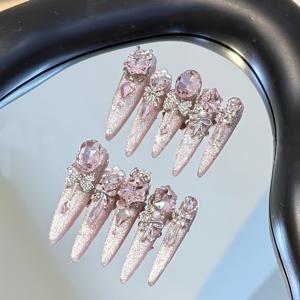 TEMU 10PCS 핸드메이드 착용 가능한 분리형 매니큐어 패치 핑크 캣아이 럭셔리 반짝이 비둘기알 대형 글리터