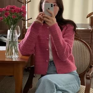 TEMU 여성용 우아한 카디건 - 핑크 색상 오픈 프론트 스웨터, 하트 패턴, 타이 넥, 긴 소매, 봄/가을, 봄 가을 착용 | 오픈 프론트 스웨터 | 거울 마감