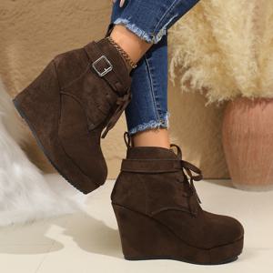 TEMU 여성용 커피 브라운 플랫폼 웨지 부츠 - 둥근 발가락 레이스업 앵클 부츠, 두꺼운 고무 밑창, 초고무 신발 및 가죽 상단, 봄/가을 캐주얼 및 공식 의상, 다재다능한 패션 신발, 내구성 있는 트랙션 신발