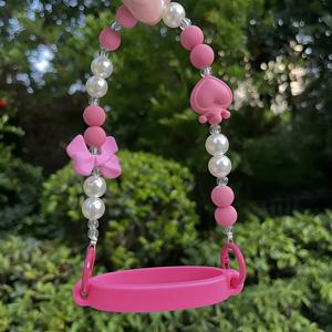 TEMU 핑크 프렌치 보우 하트 참 실리콘 물병 스트랩 스트로우 포함 - 조절 가능하고 내구성이 뛰어나며 휴대용으로 피트니스, 캠핑 및 야외 활동에 적합, 20-40온스 스포츠 컵에 맞음, 캠핑 장비 | 재미있는 디자인 | 조절 가능한 스트랩