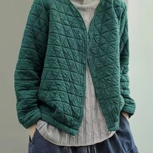 TEMU 여성용 빈티지 로마스 퀼트 재킷 - 두꺼운 V넥 버튼 프론트 가디건, 루즈핏 긴팔 캐주얼 시크 아우터웨어, 단색 레이어링 필수품, 클래식 엘레강스, 텍스처 디자인