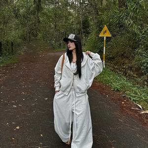 TEMU 여성용 캐주얼 후드 스웨트셔츠 & 조거 세트 - 단색 지퍼업 풀오버, 끈 조절 허리, 긴 소매, 가을/겨울용 루즈핏, 야외 및 캐주얼 착용에 완벽 | 캐주얼 스타일 | 지퍼업 후디|바지