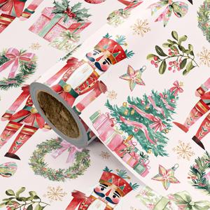 TEMU 크리스마스 포장지 1롤 - 수채화 너트크래커, 나무, 선물 상자, 화환, 홀리, 미스틀토우, 눈꽃 & 별 - 핑크 & 그린 장식 - 43.2cm x 500cm, 크리스마스 장식, 축제 선물 포장, 여학생 축제 장식