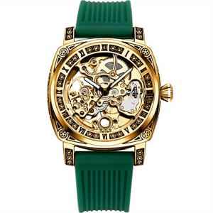 TEMU 1개 남성용 빈티지 로마 숫자 자동 기계식 시계 - 그린 스트랩, 크로노그래프 핸즈, 발광 베젤 및 마커 - 수집가를 위한 럭셔리 드레스 시계, 내구성 있는 손목시계|손목시계