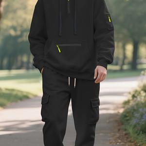 TEMU 남성용 스타일리시 블랙 후드 지퍼업 스웨트셔츠 & 조거 세트 - 캐주얼 스포츠웨어, 포켓, 루즈핏, 긴팔, 신축성 없는 원단, 가을/겨울에 완벽, 캐주얼 스포츠웨어|후드 스웨트셔츠|지퍼업 후디