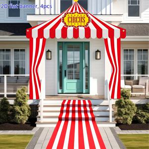 TEMU 2D 플랫, 4pcs 세트, 카니발 입장 파티 장식용, 서커스 텐트 장식, 통로를 따라 걸기 위한 빨간색과 흰색 줄무늬 선쉐이드 캐노피, 할로윈 서커스 생일 장식용 러너 포함, 2D 플랫 배너