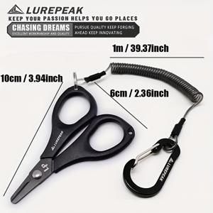 TEMU 1세트 티타늄 코팅 낚시선 가위 및 탄성 로프 세트, 톱니형 가위, 미끄럼 방지 PP 손잡이, 휴대용 고출력 PE 가위, 야외 낚시에 적합, 블랙 & 레드 색상, 분실 방지를 위한 탄성 강철 와이어 코어 로프 포함