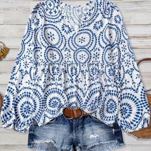 TEMU 여성용 대나무 프린트 긴팔 블라우스 - 아시아 스타일 민족 버튼 프론트 셔츠 재킷, 가볍고 캐주얼에서 드레시까지 봄 여름 가을용 탑, 세탁기 사용 가능 (화이트/블랙/네이비/그레이) - 엘레강트 컬렉션