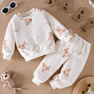 TEMU 베이비 보이즈 겨울 아웃핏 - 귀여운 곰 프린트가 있는 부드러운 플러시 긴팔 롬퍼 & 팬츠 세트, 따뜻한 논스트레치 원단, 리브 커프스 & 라운드 넥, 유아용 가을/겨울 옷, 아기용 겨울 의류, 재미있는 디자인, 편안한 아기복, 야외 활동용