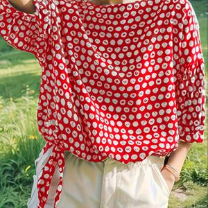 TEMU 여성용 블라우스 - 레드 & 화이트 도트 무늬, 루즈핏 풀오버 셔츠, 캐주얼 및 포멀룩, 일상 및 특별한 날을 위한 우아한 여성 의류, 다목적 탑, 비대칭 디자인, 편안한 소재, 스타일리시한 상의, 패션 애호가, 여성복, 여성 상의, 블라우스
