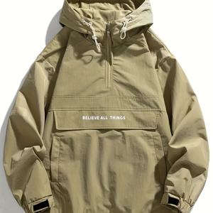 TEMU 남성용 후드 자켓 - 헤비듀티 풀지퍼 아웃도어 코트, 후드 포함, 풀지퍼 클로저, 세탁기 사용 가능, 캐주얼, 정장, 일상 및 할로윈 이벤트용 오렌지 트렌치 코트 - 남성에게 이상적인 선물 (케이프 코드/카리브 색상 제공) - 편안한 핏과 기능성 포켓, 레터링 디테일, 사계절 활용 가능