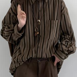 TEMU 남성용 빈티지 스타일 버튼업 셔츠 - 긴 소매, 캐주얼 라펠 칼라, 갈색 & 흰색 수직 줄무늬, 봄/가을에 완벽, 캐주얼 의상, 캐주얼 의상|빈티지 스타일 셔츠|버튼업 셔츠, 남성용 셔츠/반팔, 긴 소매 셔츠 남성용, 스타일리시한 남성용 셔츠, 흰색 셔츠 남성용|반팔셔츠