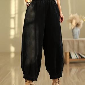 TEMU 여성용 와이드 레그 하렘 팬츠 - 겨울용 따뜻한 바지, 탄력 있는 허리 & 커프, 레그 발목/허벅지 오프닝, 헤비듀티 포켓 (신축성 없는 원단), 캐주얼에서 드레시한 룩까지 (블랙) - 세탁기 사용 가능한 신축성 없는 바지