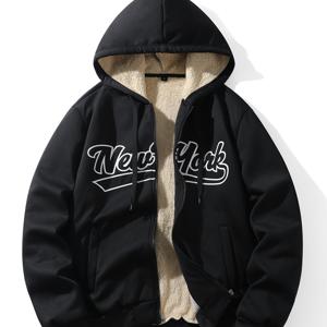 TEMU 남성 & 청소년용 '블랙/베이지 로고 프린트 봄버 재킷 - 풀 지퍼 후드 겨울 코트, 세탁기 사용 가능 캐주얼 아우터웨어, 포켓 & 후드 칼라 NYC 스타일 (가을/겨울)