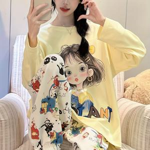 TEMU 캐주얼 패턴 여성 파자마 세트, 일본 한국 스타일 가을 겨울 긴팔 바지 투피스