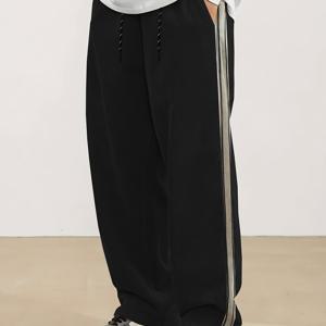 TEMU 남성용 캐주얼 레그 자카드 줄무늬 바지 - 네이비 & 화이트 세로줄, 미디엄 라이즈 드로스트링 허리끈, 기계세탁 가능, 사계절 내내 편안함, 스포츠웨어 및 캐주얼 착용, 스타일리시한 팬츠, 다재다능한 의류, 현대적 디자인, 통기성 원단, 탄력 있는 허리밴드, 도시 스타일