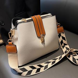 TEMU 조절 가능한 스트랩 & 턴-락 클로저가 있는 여성용 우아한 버킷 크로스바디 백 - 카키/커피/화이트/블랙, 골든톤 하드웨어 & 액센트의 경량 캐주얼 숄더백, 일상 사용을 위한 클래식 버켓 디자인, 리치 그레인 텍스처