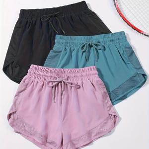 TEMU 여성용 테니스 반바지 3pcs, 캐주얼 솔리드 컬러, 폴리에스터 소재, 포켓 포함, 여성용, 사계절용, 운동 반바지,액티브웨어 하의,다용도 반바지,수분 흡수,가벼운 반바지,운동용 반바지,올시즌 쇼츠,피트니스 애호가,여성 운동선수