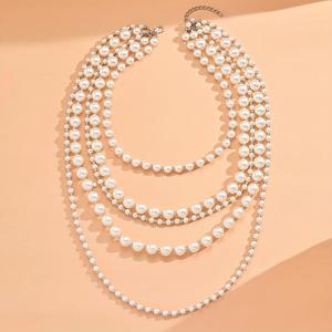 TEMU 5단 스타일 여성용 인조 진주 목걸이 - 화이트 K 금도금 멀티 레이어 체인 주얼리, 일상적 우아함, 사계절 활용 가능 액세서리, 고급스러운 디자인, 세련된 외관, 패션 애호가를 위한 섬세한 장식품