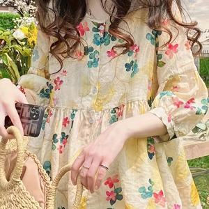 TEMU 여성용 투명하지 않은 라운드넥 블라우스 - 터키석 & 옐로우 플로럴 패턴, 가벼운 논스트레치 원단 봄/여름 캐주얼 & 포멀룩 데일리 파티 블라우스, 장식 버튼 프린트 여름 의상