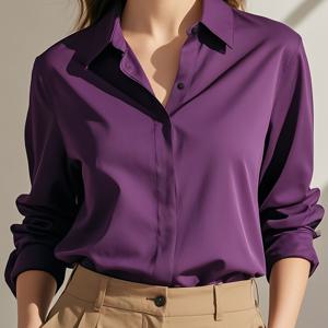 TEMU 여성용 우아한 라벤더 긴팔 블라우스 - 라펠 칼라가 있는 시크한 버튼업, 100% 폴리에스터, 봄/여름/가을 전문 및 캐주얼 착용에 적합