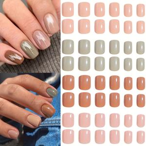 TEMU 4 팩 (96 Pcs) 손톱에 광택 짧은 스퀘어 프레스, 혼합 핑크 브라운 컬렉션 손톱 풀 커버 솔리드 컬러 아크릴 손톱 세트 접착 탭 여성용 네일 파일