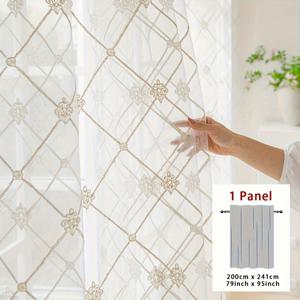 TEMU 1pc 프랑스 자수 흰색 투명 커튼, 거실, 침실 또는 발코니용 로맨틱한 농촌 스타일, 막대 포켓 후크 & 링 매달기 방법, 조명 필터링 폴리에스터 원단, 올 시즌 장식 드레스 | 기하학적 패턴 | 자카드 직조, 거실용 커튼