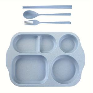 TEMU 4개 세트 내구성 있는 플라스틱 구획 분할 디너 플레이트 세트 - 5구획 분할 벤토 플레이트와 숟가락과 포크 포함 | 전자레인지 식기세척기 사용 가능 | 홈 피크닉 파티 분리용 접시 (캠핑 여행용)