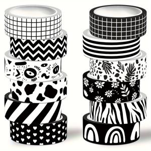 TEMU 니코미 12개 세트의 장식용 검은 와시 테이프, 방수가 아닌 종이 공예 테이프, 클래식 패턴, 줄무늬, 동물 프린트, 낙서 디자인, 스크랩북, 저널 용품, DIY 프로젝트, 선물 포장