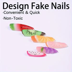 TEMU 24PCS 중간 길이 아몬드 프레스 온 네일, 수박 딸기 오렌지 키위 포도 프린트, 3D 입체 접착제 방울, 만화 귀여운 소설 스타일, 여름 선물 여자와 여자아이를 위해