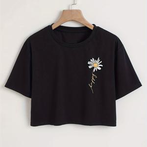 TEMU 여성 캐주얼 여름 크롭 탑, 반팔, 라운드 넥 티셔츠, 루즈핏, 데이지 프린트