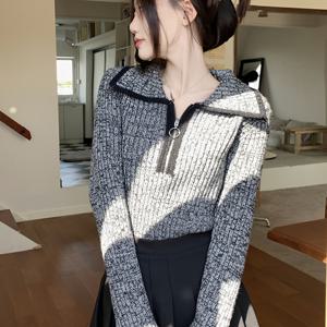 TEMU 여성 캐주얼 컬러 블록 니트 풀오버 스웨터 - 레이온 블렌드, 크루 넥, 하이 스트레치 원단, 레귤러 핏 롱슬리브, 지퍼 디테일, 벨트 없음, 올 시즌 착용 가능