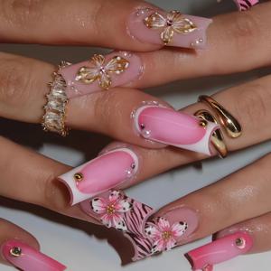 TEMU 24개 럭셔리 패션 소프트 핑크 3D 플로럴 라인스톤 프렌치 롱 프레스-온 네일 세트, 네일 파일 및 젤리 접착제 포함, 혼합 색상, 스퀘어 모양, 롱 길이, 광택 마감, 여성용