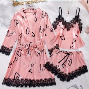 TEMU 3pcs 여성 우아한 알파벳 프린트 실크 파자마 세트 - 레이스 트림, 긴 소매 로브, 탱크 탑 & 반바지, 세 자루 길이 소매, 스파게티 스트랩, 올 시즌 착용, 성인 홈웨어
