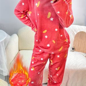 TEMU 2개 여성용 가을/겨울 플란넬 파자마 세트 9가지 홈 & 아웃도어 스타일 | 플리스 안감 따뜻한 별하늘 프린트 디자인 | 부드럽고 연한 베이지톤의 편안하고 달콤한 스타일 | 캐주얼 라운지웨어 투피스