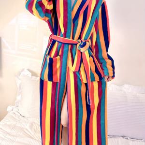 TEMU 무지개 줄무늬 플리스 안감 두꺼운 가을 겨울 여성용 목욕가운