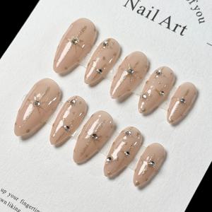 TEMU 10개 벌크 팩, 중간 길이, 누드 컬러, 글리터 패턴, 광택 마감, 핸드메이드 럭셔리 네일 아트 스티커, 아몬드 모양 프레스온 네일