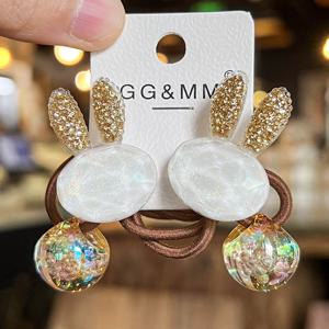 TEMU 2개 귀여운 만화 토끼 머리끈 - 여자 아이들을 위한 달콤한 파스텔 혼합 색상 헤어 액세서리, 고탄력 아크릴 비즈 & 반짝이는 디자인, 머리에 부드럽고 귀여운 헤어 액세서리