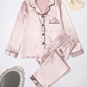 TEMU 여성용 새틴 잠옷 세트, 우아한 베이지, 긴팔, 버튼업, 캐주얼 스타일, 단색, 올 시즌, 성인 잠옷, 짠 원단