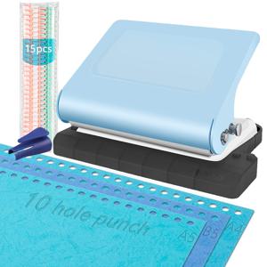 TEMU 10구 펀치 및 바인딩 머신 세트, 1구 펀치, 1개 열린 링 도구, A4/A5/B5 종이용 15개 다색 30개 링 바인더 클립, 가정, 사무실, 학교용 수동 클램프 및 가위 바인딩 키트 - 미충전, 배터리 필요 없음.|A4용지