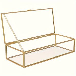 TEMU 골드 트림이 있는 우아한 유리 보석 정리함 - 화장품 및 액세서리용 방진 보관함, 직사각형 디자인, 보석함