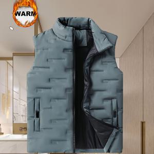 TEMU 남성 캐주얼 스탠드 칼라 겨울 조끼 - 따뜻한 폴리에스터 블렌드, 단색, 지퍼 포켓, 가을/겨울 야외 활동용 일반 핏