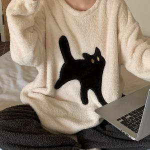 TEMU 여성용 만화 고양이 프린트 캐주얼 플리스 두꺼운 라운지 세트, 긴팔 라운드 넥 상의 및 바지, 가을 및 겨울을 위한 편안한 느슨한 핏