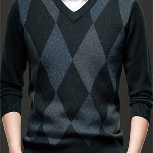 TEMU 가을 겨울 신상 V넥 체크무늬 컬러블록 스웨터 남성용 긴팔 루즈핏 풀오버 탑