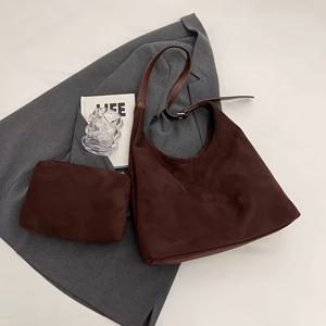 TEMU Z TZECHO 여성 패션 토트 백 세트, 2개, 대용량, 빈티지 벨벳 숄더 백, 조절 가능한 스트랩, 자석 잠금, 무안감, 단색, 블랙, 커피, 라이트 브라운 제공