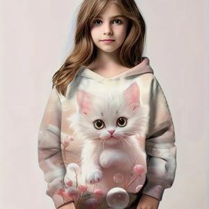 TEMU 2024 여아용 귀여운 고양이 후드티, 키즈 패션 캐릭터 봄가을 데일리 프린트 버블 무늬 스웨셔츠