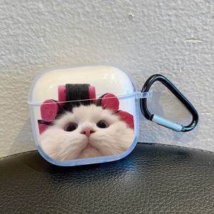 TEMU 귀여운 고양이 디자인 투명 TPU 케이스 AirPods 4/4 프로용 블랙 카라비너 키체인 포함 - 내구성 있는 보호 커버, 사랑스러운 흰색 새끼고양이 & 핑크 머리띠 패턴, 빨간색, 쉬운 부착 액세서리 | 장난기 가득한 스타일의 에어팟 케이스