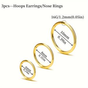 TEMU 3개의 스타일 16G 스테인리스 스틸 힌지 작은 후프 귀걸이, 솔기 없는 코 septum & 입술 링, 연골 헬릭스 슬리퍼, 18K 금 도금, 데일리 웨어 바디 피어싱 쥬얼리 세트 - 6/8/10mm|피어싱|링귀걸이